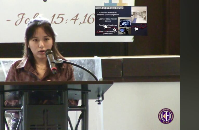 Alina Sherpa highlights echocardiography during Torrington Christian Academy presentation
